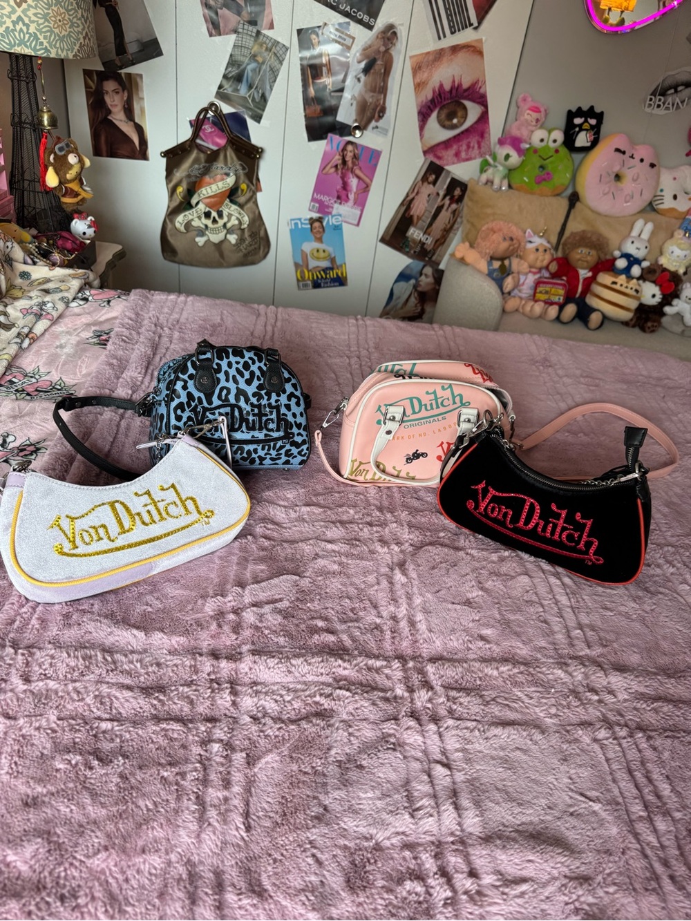 Von Dutch Pink Mini Shoulder Bag with Teal Script